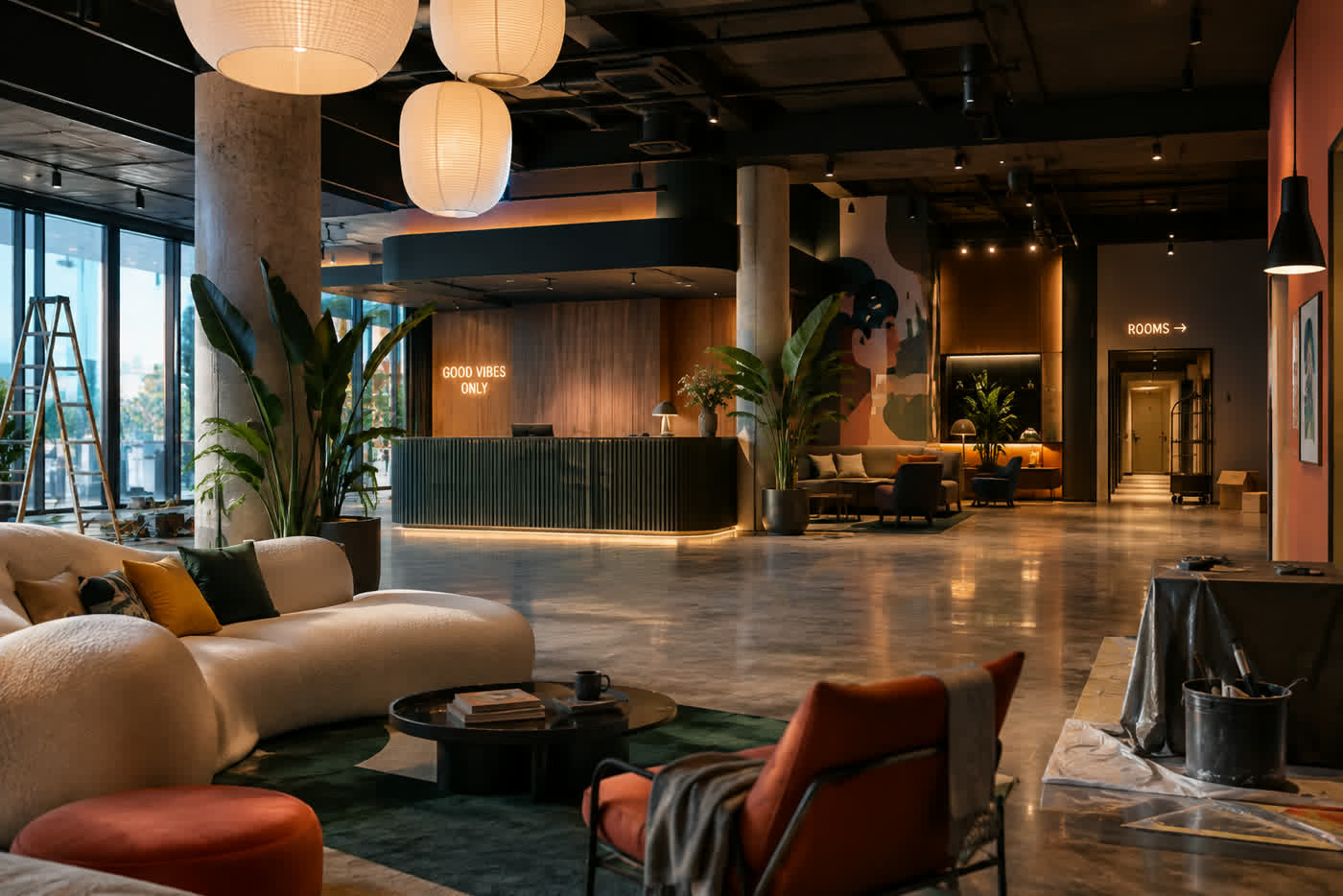 Lobby d'hôtel aménagé, accueil et espace lounge
